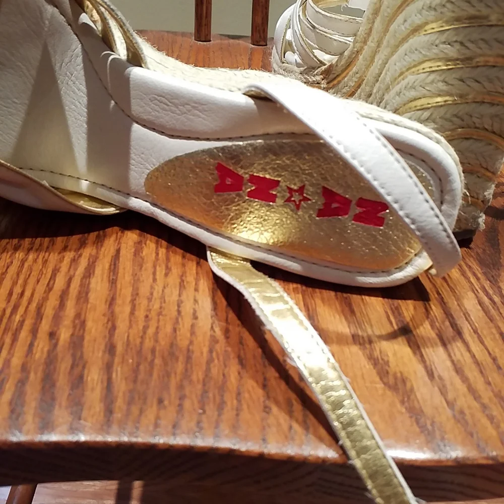 Nana White And Gold Wedge Heel Sandal With Wrap Around Ankle Strap 7